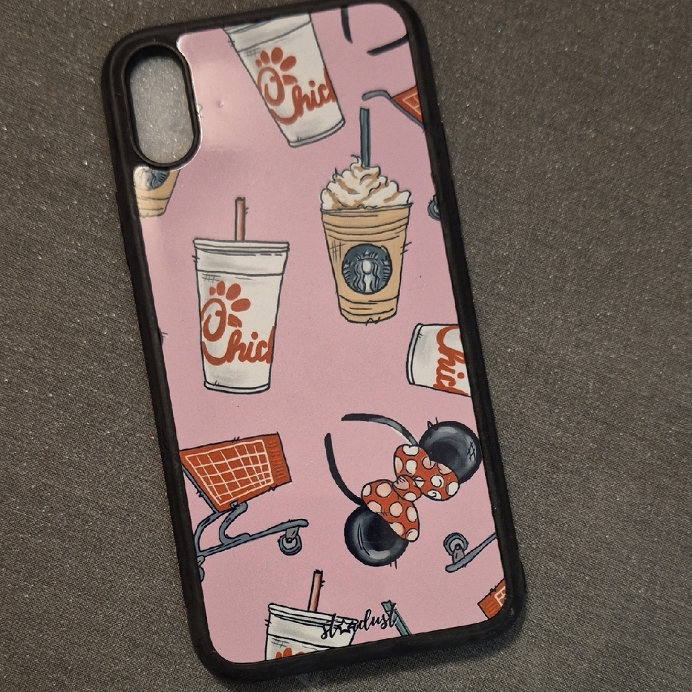 Pink Patterned Phone Case with Beverage & Minnie Bow Design